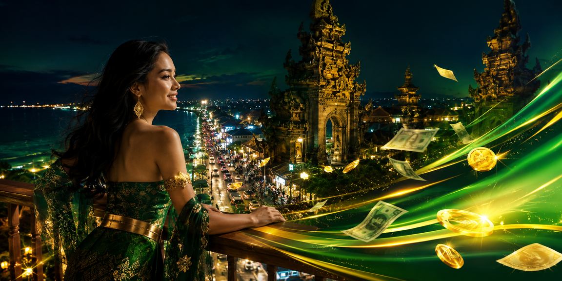 Pengguna menikmati suasana pantai sambil mengecek cashback dan saldo bonus aktif
