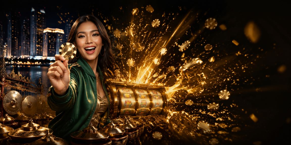 Model menampilkan tampilan slot game modern dengan ekspresi antusias